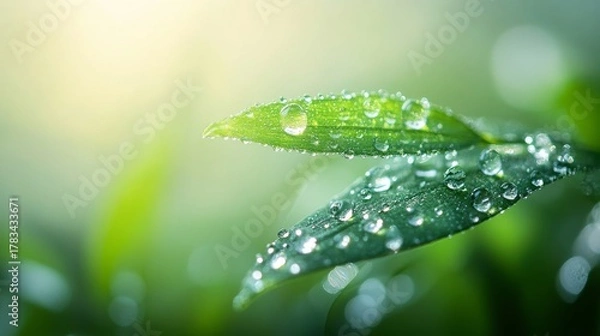 Fototapeta Close-up view of fresh green leaves glistening with water droplets after a morning rain in a tranquil garden setting