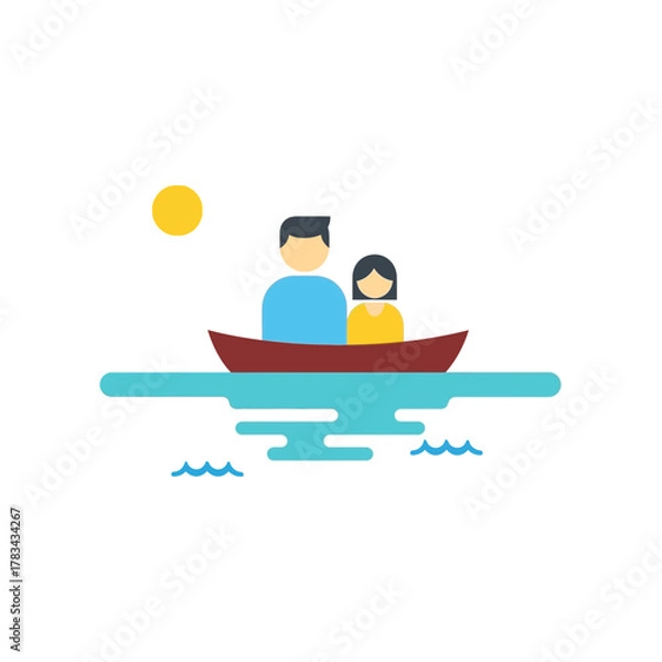 Fototapeta Two people in a boat on water with a sun in the sky.