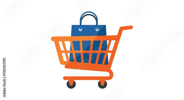 Obraz Blue shopping bag placed inside an orange grocery cart silhouette