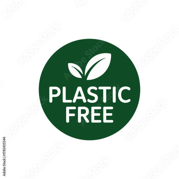 Fototapeta A green circular badge signifies a plastic-free product with leaves at the top.