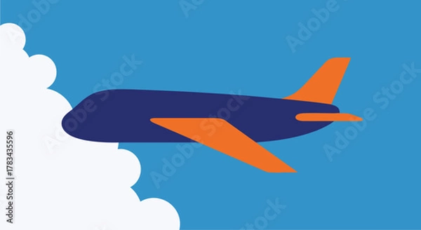 Obraz A minimalist depiction of a blue and orange airplane flying through clouds silhouette