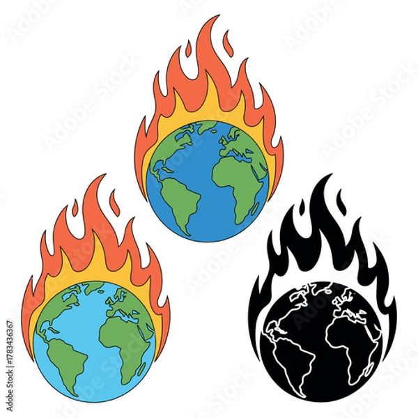 Fototapeta Three illustrations of the Earth on fire represent global warming and environmental disaster.