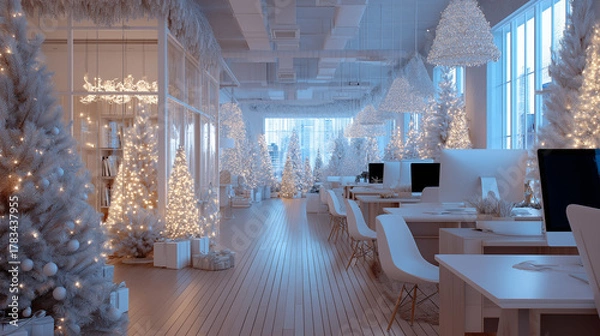 Fototapeta Festive Office Interior: A bright and modern office space, decked with twinkling lights and decorated Christmas trees. The scene radiates a sense of festive cheer and professional elegance.