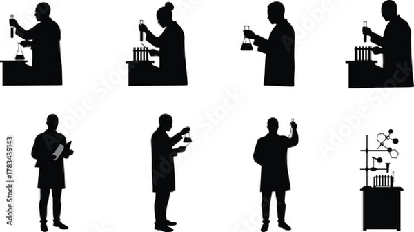 Obraz Scientists silhouette in laboratory, chemistry research, lab coat professionals, experiment with test tubes, beakers, flasks, molecular structure, science teamwork,