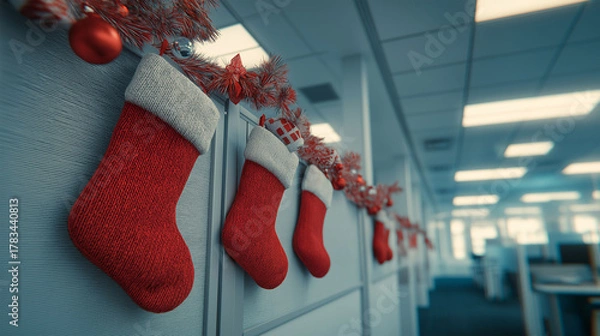 Fototapeta Festive Office Cheer: Cozy red Christmas stockings adorn a sleek office wall, alongside sparkling ornaments and festive garlands, creating a heartwarming holiday ambiance. 