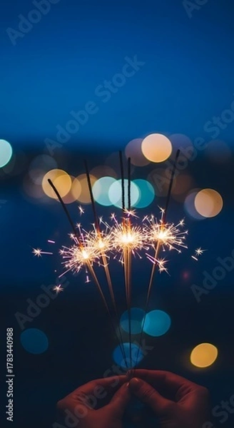 Fototapeta Hands holding sparkling bengal lights against a blurred urban night sky background
