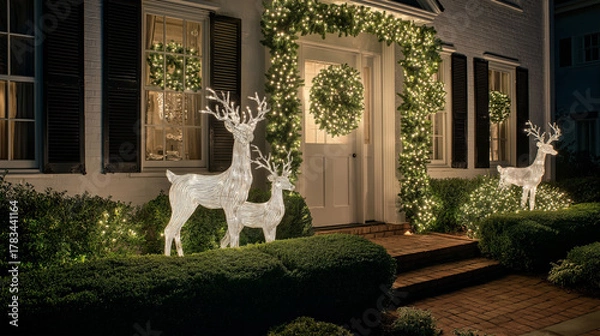 Fototapeta Holiday Home Decorations: A beautifully illuminated home, adorned with festive decorations featuring a garland and illuminated deer. The decorations cast a warm glow, inviting and cheerful.