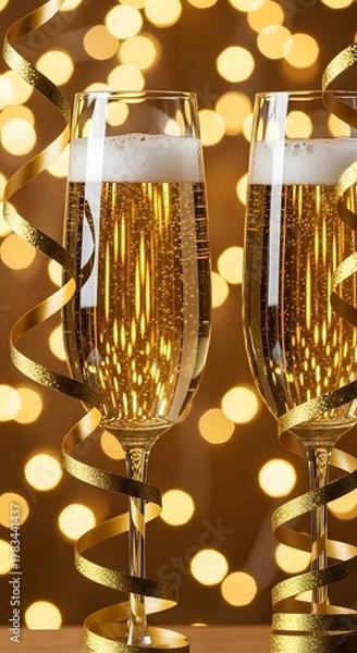 Obraz Two champagne glasses with golden streamers and festive bokeh lights, perfect for new year or celebration