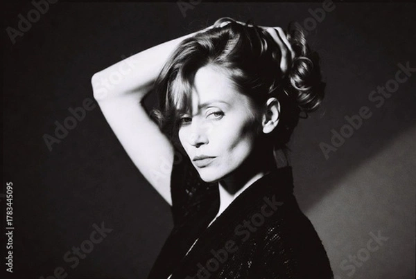 Fototapeta A black-and-white photograph of a woman posing contemplatively against a dark background with dramatic lighting.