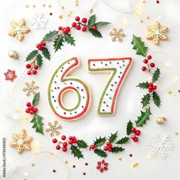 Obraz a design featuring the number 67 decorated with Christmas elements