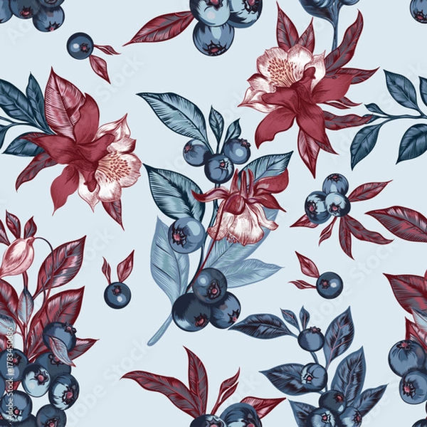 Fototapeta Blueberry vector seamless pattern illustration juicy blueberries and aquilegia flowers