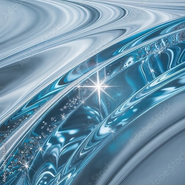 Fototapeta Dynamic blue silver fluid waves with sparkling highlights