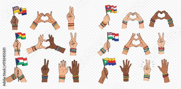 Fototapeta Diverse hands with various skin tones making heart and peace gestures, holding flags of African nations, symbolizing unity and diversity.
