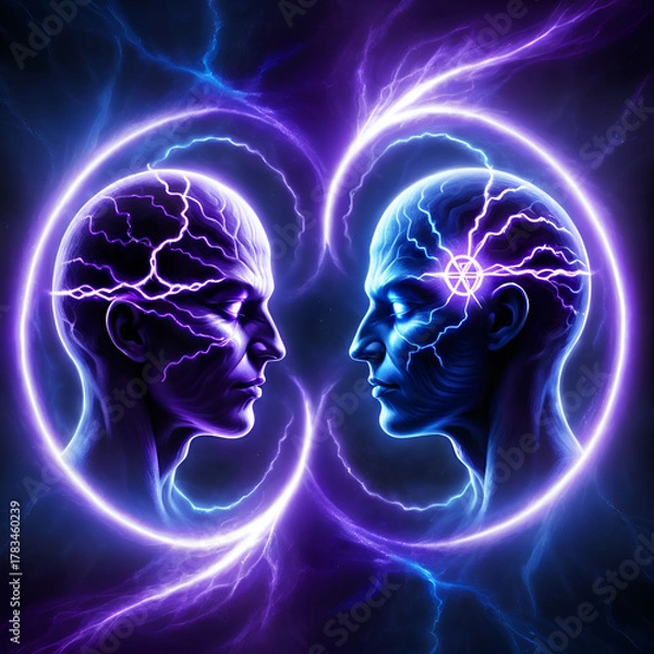 Fototapeta Electric minds collide in this vibrant conceptual illustration of connection and telepathy with stunning neon glow and dynamic energy flow