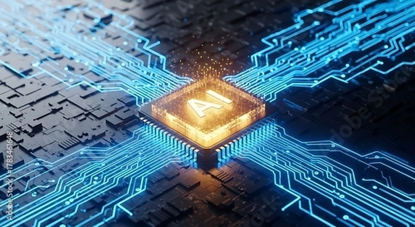 Fototapeta Glowing central processor with blue circuitry and data flow