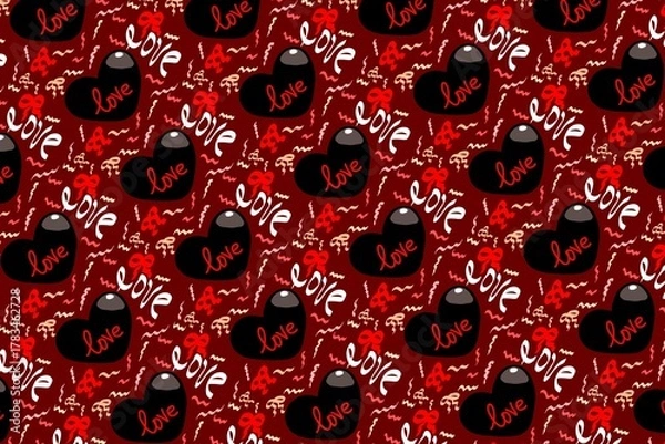 Fototapeta A romantic red and black repeating pattern featuring glossy hearts and the word “Love,” symbolizing passion and affection.