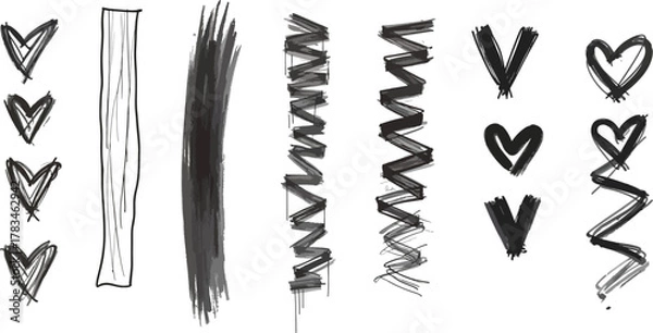 Fototapeta Hand Drawn Doodle Design Elements Hearts Lines and Chevron Patterns Vector Illustration Isolated on White Background