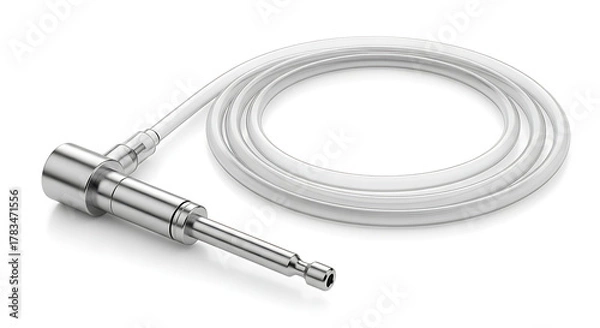 Fototapeta Close up of a metal tool with a clear plastic tube attached on a white surface in a studio shot ai generated