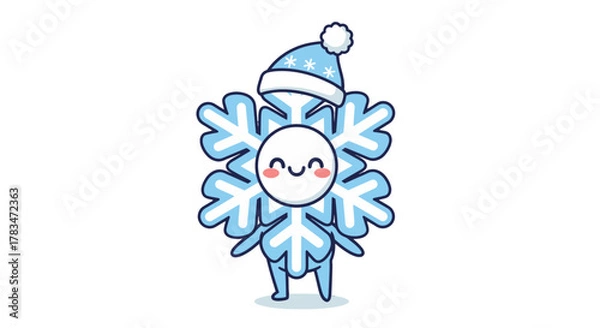 Fototapeta Adorable vector illustration of a happy blue snowflake character wearing a cute winter hat, bringing a touch of cheer and frosty delight to any seasonal design project or wintertime celebration