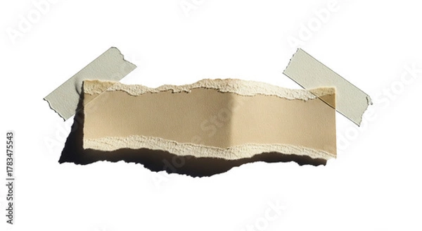 Fototapeta Roughly torn piece of textured brown paper with rough edges held by two strips of white tape isolated on transparent background 