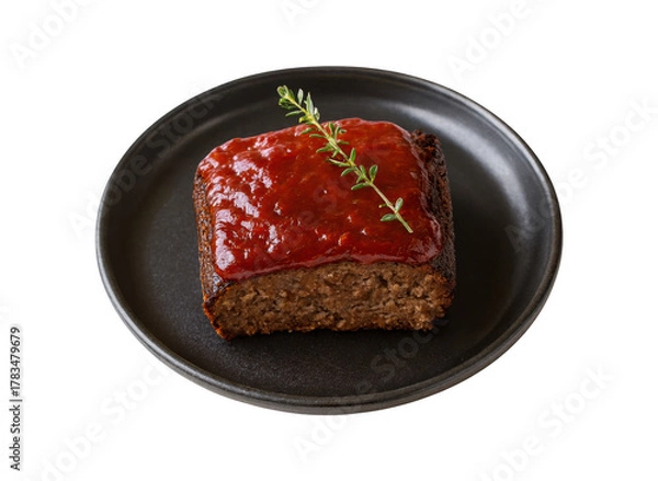 Obraz Savory square meatloaf topped with rich tomato glaze and fresh herb garnish served on a dark plate