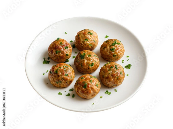 Obraz A top down view of a white plate with six delicious homemade meatballs garnished with fresh chopped parsley