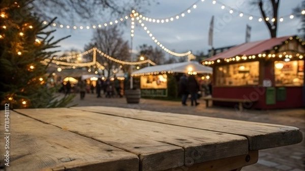Obraz Empty wooden table with blurred christmas market in background at dusk