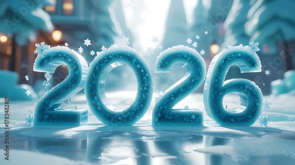 Fototapeta The year 2026 carved in sparkling blue ice on a snowy winter village background
