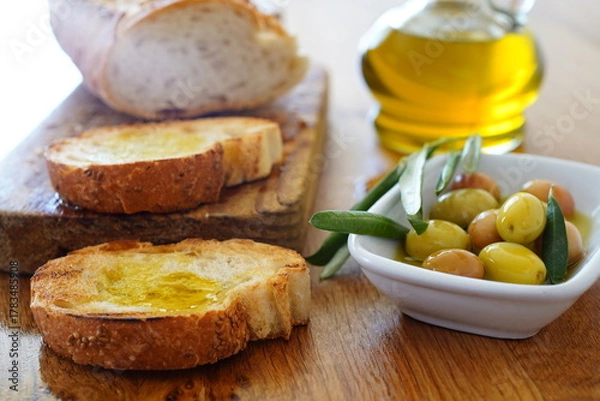 Obraz Olive oil, olives and bread