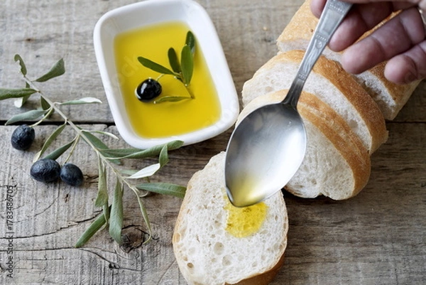 Obraz Olive oil, olives and bread