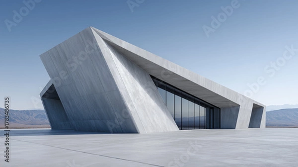 Fototapeta Modern Geometric Building with Glass Windows in Desert Landscape
