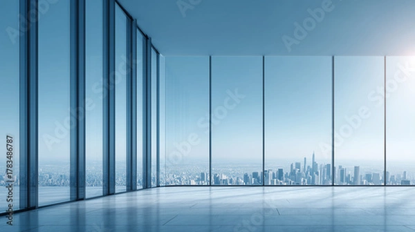 Fototapeta Modern Empty Office with City Skyline View Through Large Blue Windows