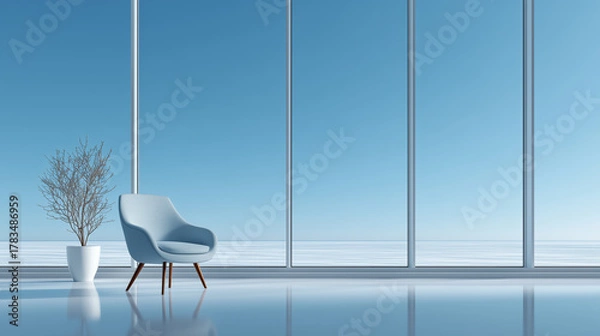 Fototapeta Light Blue Chair and Plant in Modern Room with Large Windows and Sky View