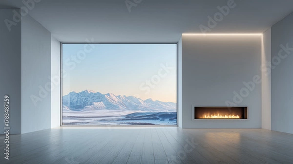 Fototapeta Minimalist Living Space with Mountain View and Fireplace