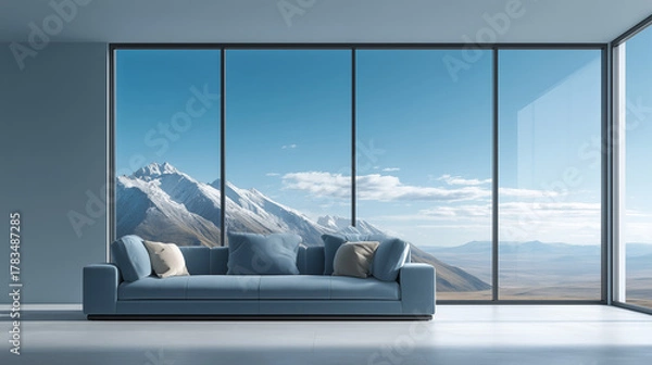 Fototapeta Modern Living Room with Mountain View Through Large Windows
