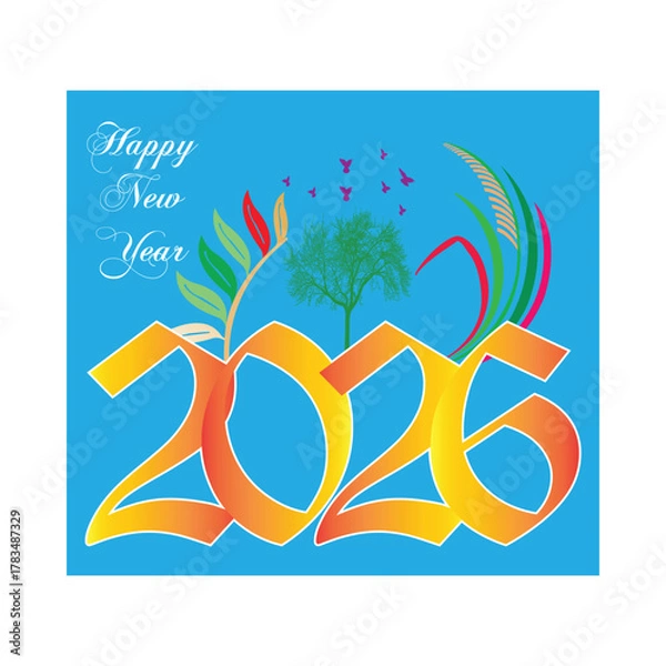 Fototapeta Happy New Year 2026 Greeting Card with Tree Design and Colorful Elements on Blue Background