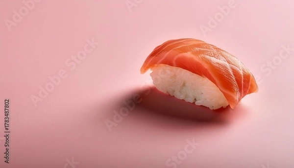 Fototapeta single sushi piece on pink pastel background with space for text minimalistic composition