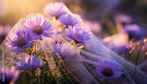 Fototapeta soft focus light drenched purple flowers veiled in a delicate translucent net