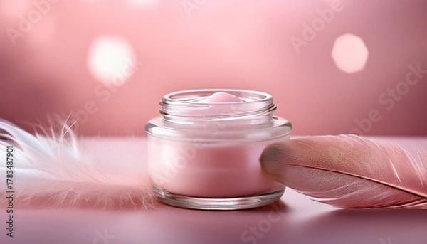 Fototapeta soft pink cream in a glass jar with a delicate feather next to it on a blurred pink background