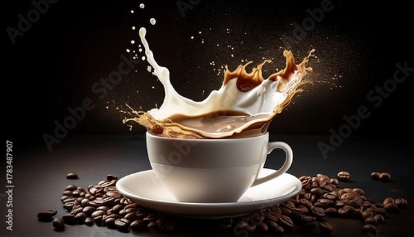 Fototapeta splashes of coffee with milk in a cup on dark background for coffee advertising