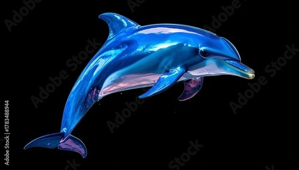 Fototapeta Stylized iridescent dolphin mid-swim on black background with shimmering blue, purple, and green hues.