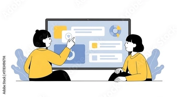 Fototapeta Digital presentation with two people discussing data on a large screen, illustrating teamwork and analysis