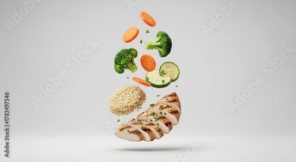 Fototapeta Healthy Chicken and Rice Meal with Fresh Vegetables Levitating in Mid-Air