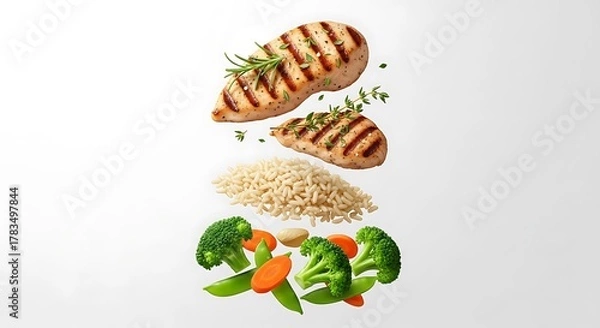 Fototapeta Healthy grilled chicken breast with brown rice and fresh vegetables for a balanced meal plan