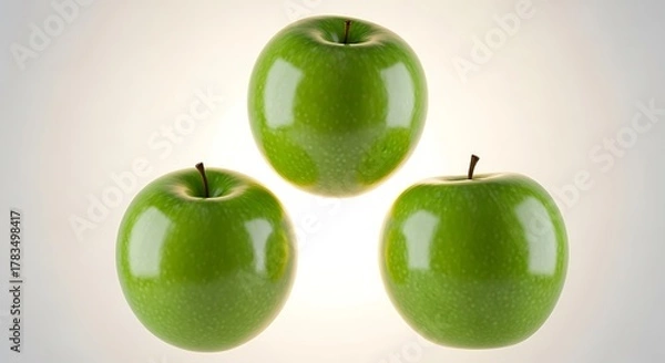 Fototapeta A striking trio of glossy green apples, meticulously presented against a bright white setting, symbolizing natural bounty and wholesome nutrition for a healthy lifestyle