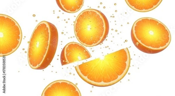 Fototapeta A vibrant and dynamic explosion of fresh, juicy orange slices and citrus splashes levitating against a clean white background