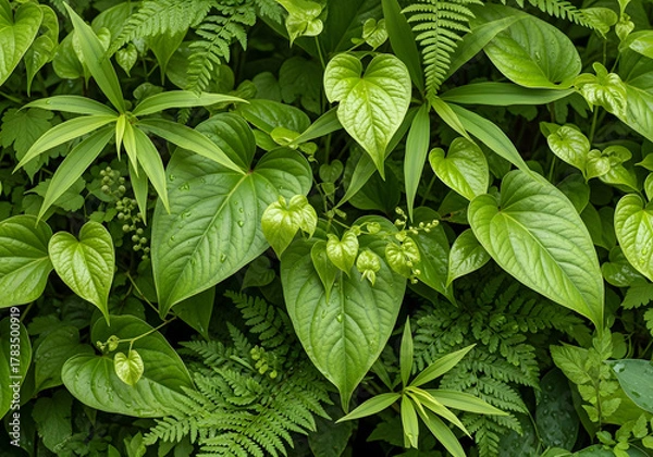 Fototapeta Dark green plants growing in a lush foliage background of tropical leaves like anthurium, epiphytes, or ferns, forming a beautiful green plant wall design in a cloud forest