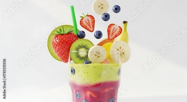 Fototapeta Vibrant layered fruit smoothie with a dynamic splash of fresh falling ingredients including strawberry, kiwi, banana, and blueberry on a clean white background