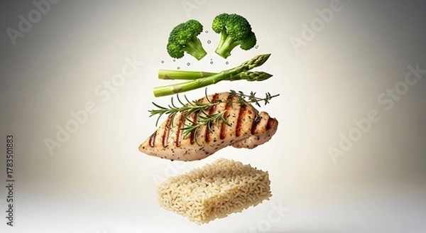 Fototapeta Freshly Grilled Chicken Breast and Vegetables A Healthy Meal Concept Isolated on White