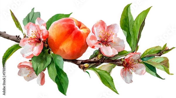 Fototapeta Peach fruit with flowers on a branch, watercolor illustration